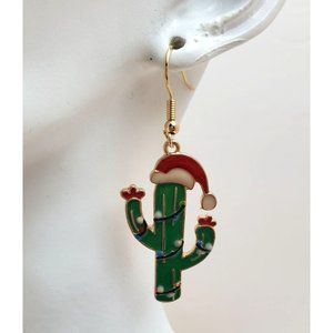 Christmas Cactus with Santa Hat and Lights Dangling Drop Earrings